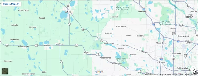 Map of the Hoss Plumbing service area around Rockford, Minnesota