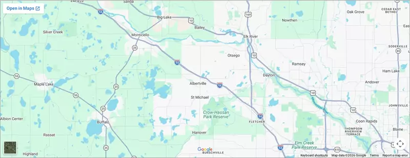 Map of the Hoss Plumbing service area around Albertville, Minnesota