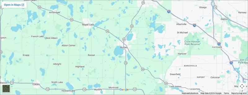 Map of the Hoss Plumbing service area around Chem Feed Systems, Minnesota