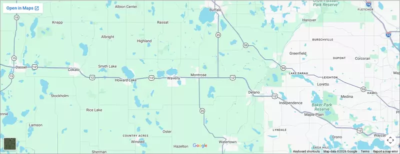 Map of the Hoss Plumbing service area around Montrose, Minnesota
