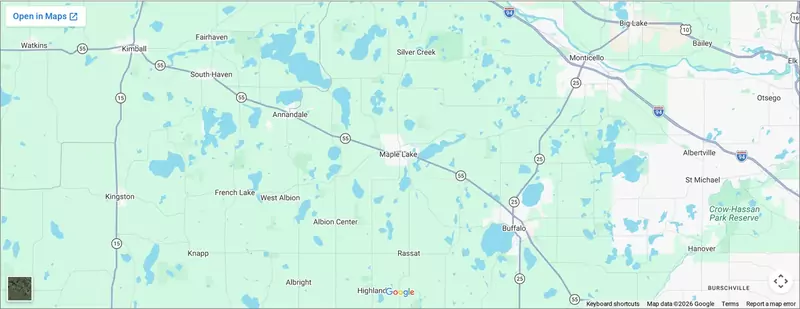 Map of the Hoss Plumbing service area around Maple Lake, Minnesota
