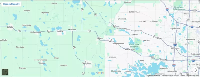 Map of the Hoss Plumbing service area around Delano, Minnesota