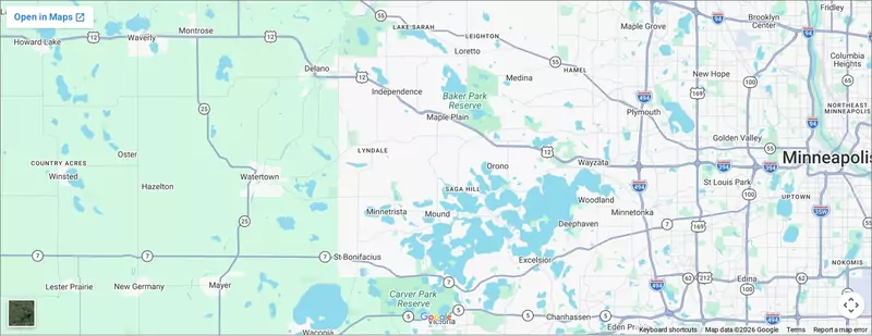 Map of the Hoss Plumbing service area in Wright County, Minnesota
