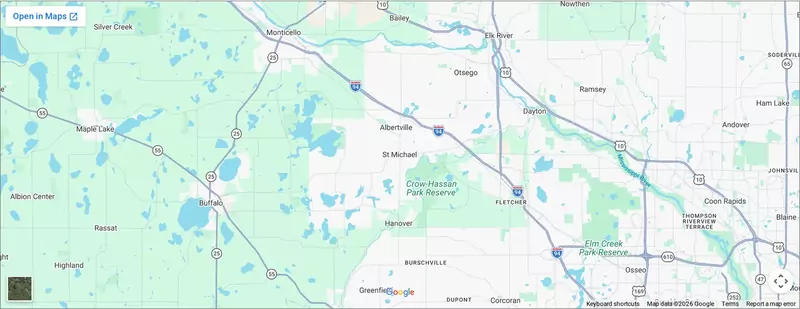 Map of the Hoss Plumbing service area around St Michael, Minnesota