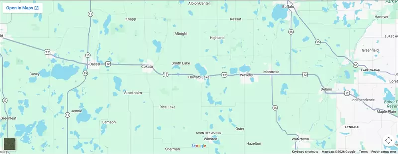 Map of the Hoss Plumbing service area around Howard Lake, Minnesota